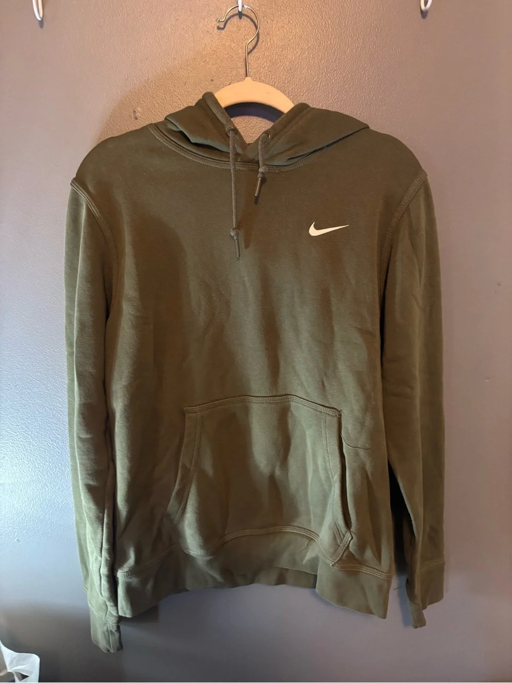 Nike Olive Green Men's Hoodie with White Swoosh